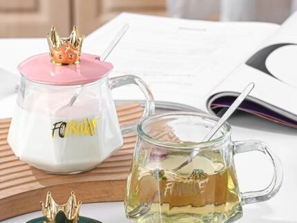 Crown Glass Mug with Lid & Spoon – Elegant Design (Mix/Random Colors)